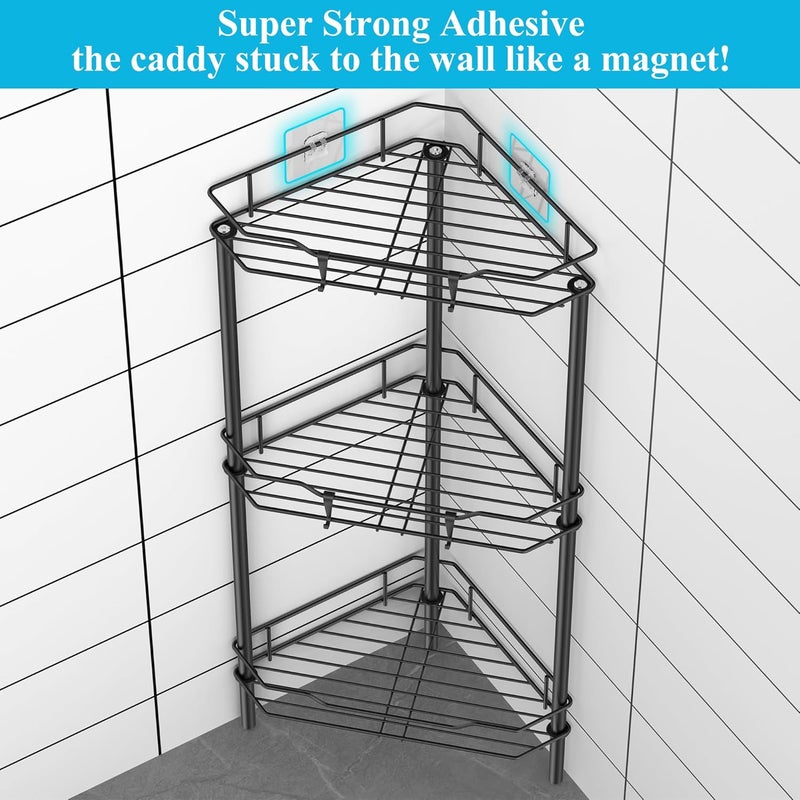 HuggieGems 3 Tier Floor Standing Corner Shower Caddy Organizer Shelf with Hooks, Bathroom Shelves Stand Rack, Black - Image 1